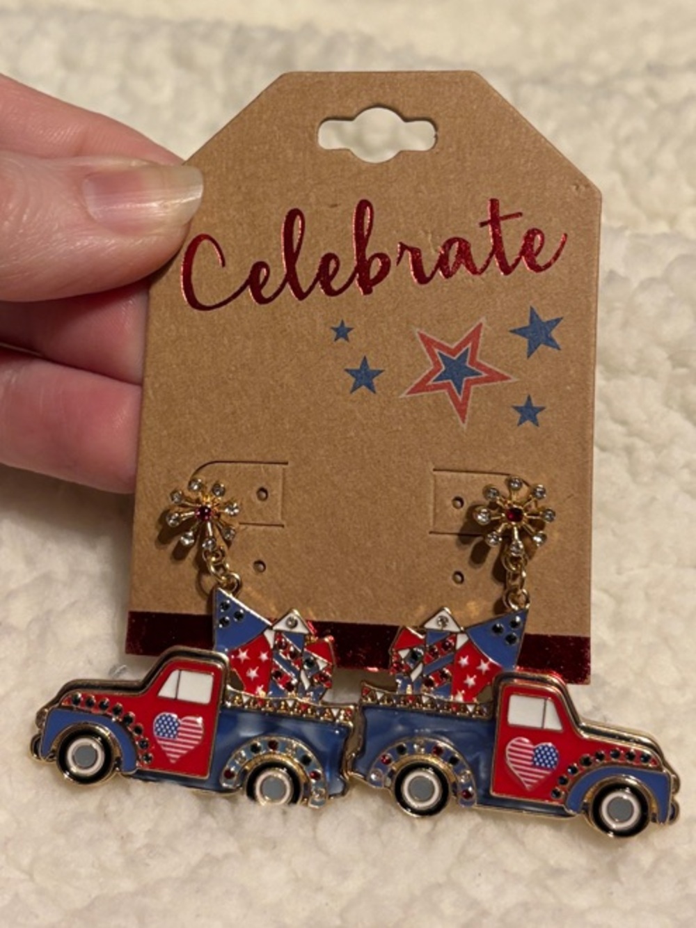 NEW-Patriotic Truck Earrings-Flags & Fireworks-Red, White & Blue-Enamel & Stones